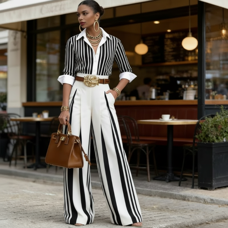 Conjunto de camisa de rayas y pantalón de pierna ancha: cómodo y elegante para el día a día.