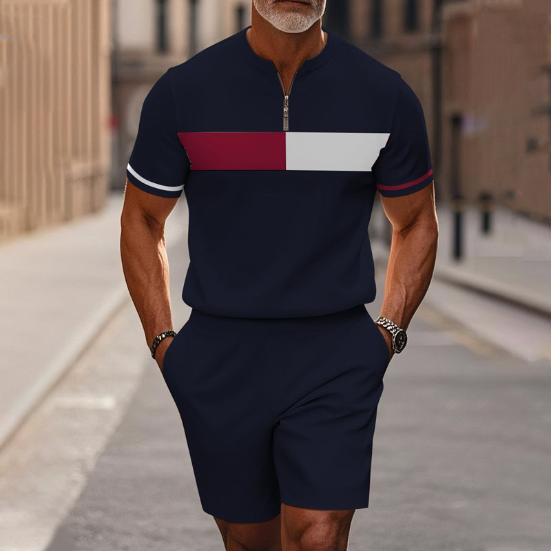 Conjunto de 2 piezas para hombre: camisa y pantalón corto con cremallera hasta el cuello, holgado y cómodo