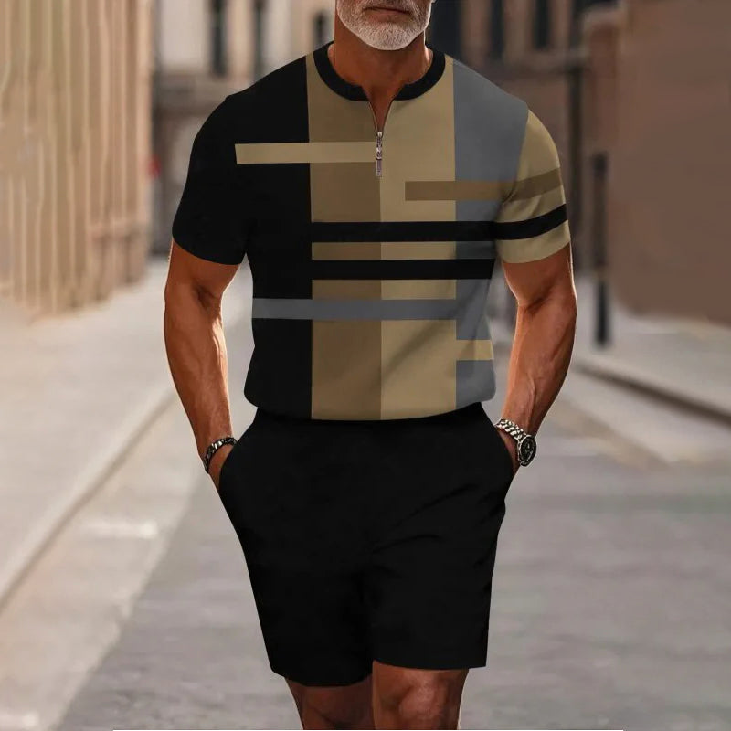Conjunto de 2 piezas para hombre: camisa y pantalón corto con cremallera hasta el cuello, holgado y cómodo