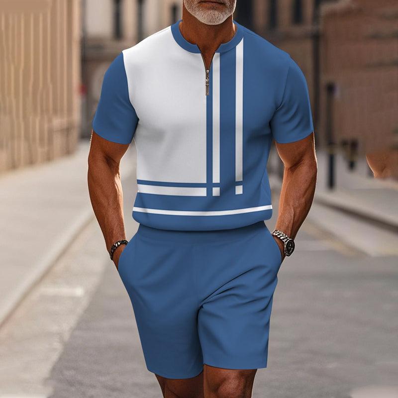 Conjunto de 2 piezas para hombre: camisa y pantalón corto con cremallera hasta el cuello, holgado y cómodo