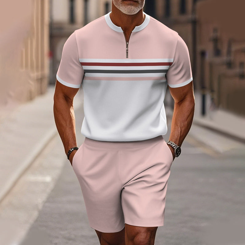Conjunto de 2 piezas para hombre: camisa y pantalón corto con cremallera hasta el cuello, holgado y cómodo