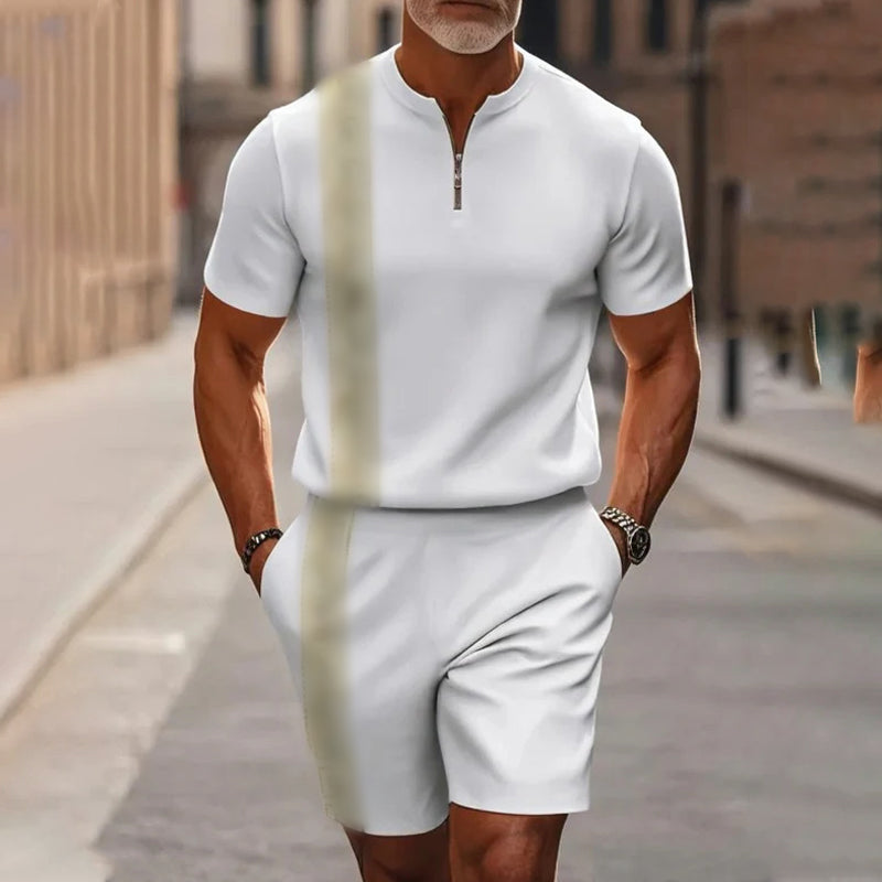 Conjunto de 2 piezas para hombre: camisa y pantalón corto con cremallera hasta el cuello, holgado y cómodo