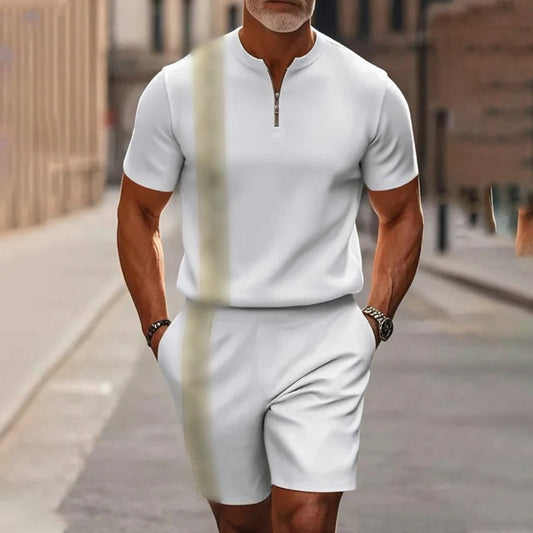 Conjunto de 2 piezas para hombre: camisa y pantalón corto con cremallera hasta el cuello, holgado y cómodo