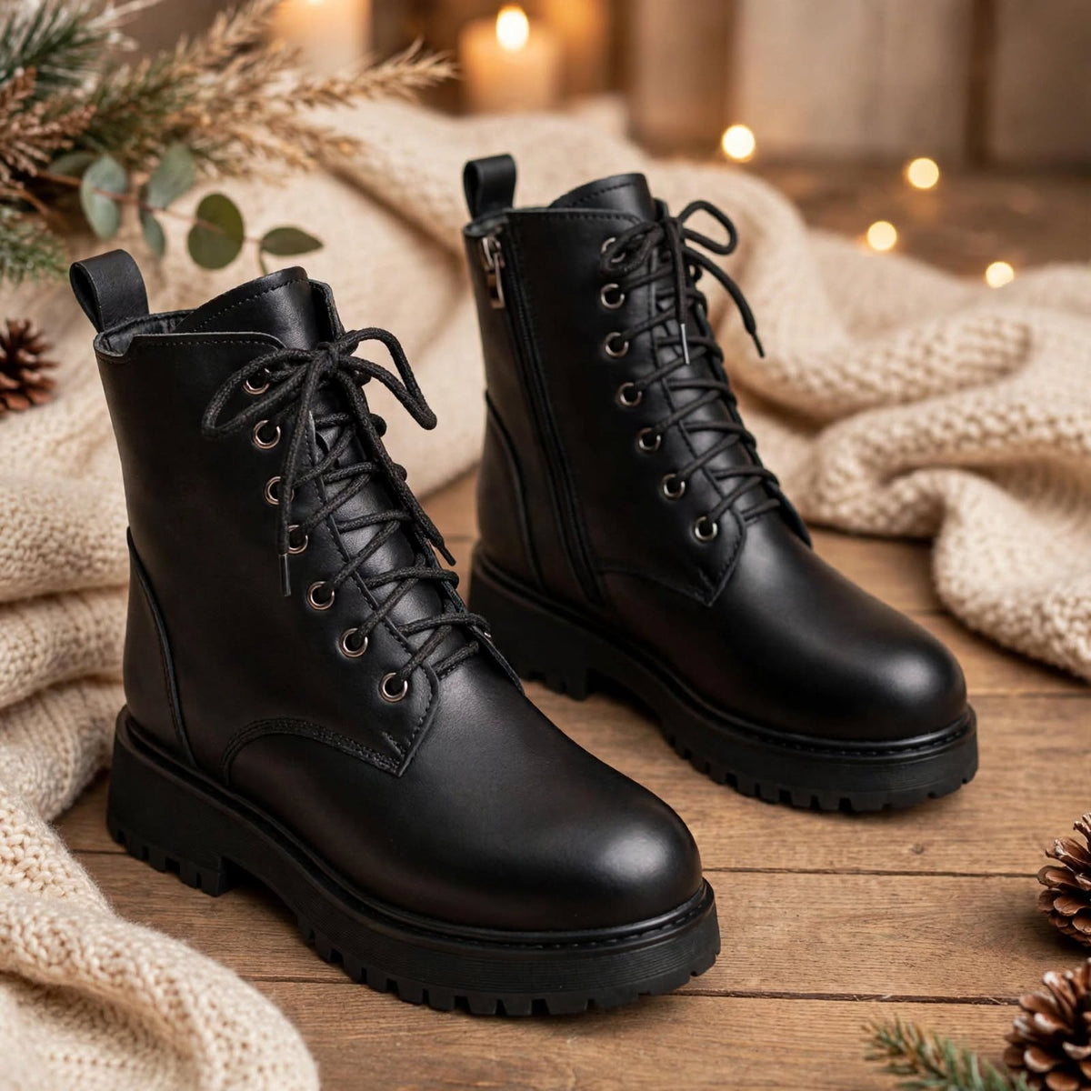 Botas de fondo grueso para mujer, botas cortas gruesas y cálidas para invierno, zapatos planos de algodón de cuero suave impermeables, botas de nieve para mujer