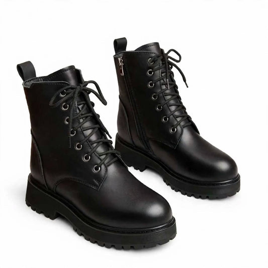 Botas de fondo grueso para mujer, botas cortas gruesas y cálidas para invierno, zapatos planos de algodón de cuero suave impermeables, botas de nieve para mujer