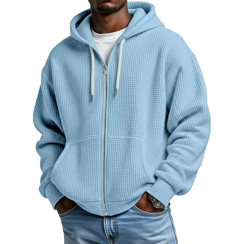 Sudadera con capucha de punto gofrado para hombre con cremallera completa: tejido gofrado a la moda, práctica cremallera completa y estilo casual. Perfecta para el día a día, el ocio y los días frescos.