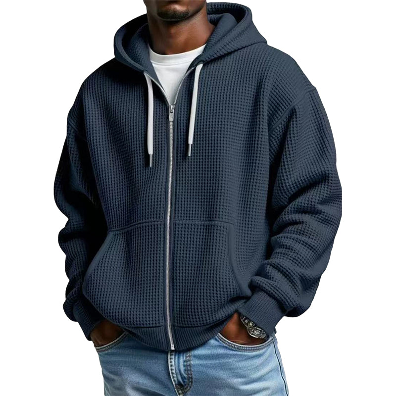 Sudadera con capucha de punto gofrado para hombre con cremallera completa: tejido gofrado a la moda, práctica cremallera completa y estilo casual. Perfecta para el día a día, el ocio y los días frescos.