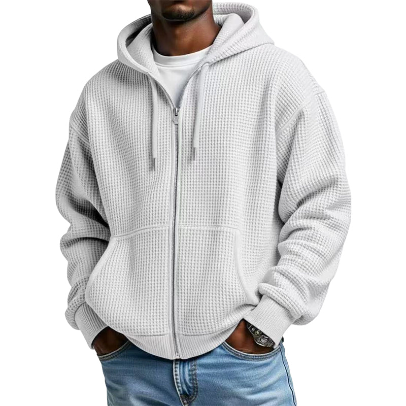 Sudadera con capucha de punto gofrado para hombre con cremallera completa: tejido gofrado a la moda, práctica cremallera completa y estilo casual. Perfecta para el día a día, el ocio y los días frescos.