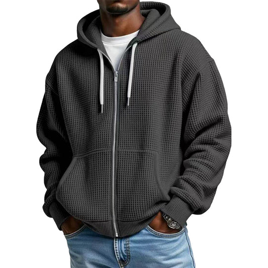 Sudadera con capucha de punto gofrado para hombre con cremallera completa: tejido gofrado a la moda, práctica cremallera completa y estilo casual. Perfecta para el día a día, el ocio y los días frescos.