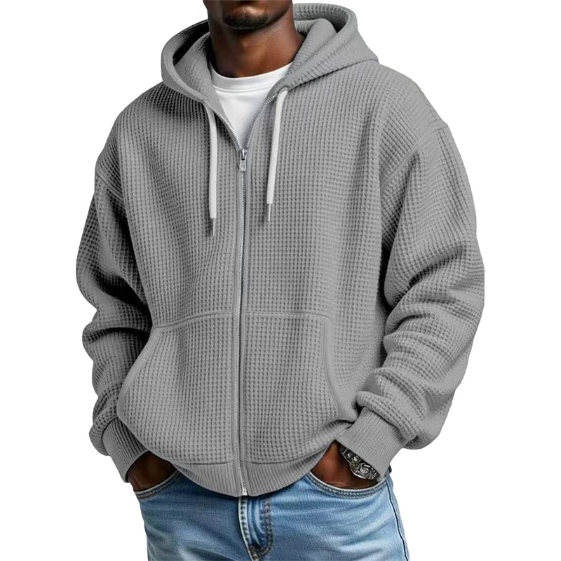 Sudadera con capucha de punto gofrado para hombre con cremallera completa: tejido gofrado a la moda, práctica cremallera completa y estilo casual. Perfecta para el día a día, el ocio y los días frescos.