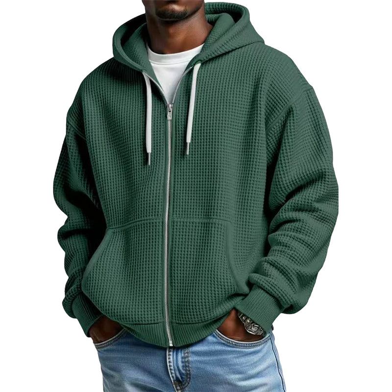 Sudadera con capucha de punto gofrado para hombre con cremallera completa: tejido gofrado a la moda, práctica cremallera completa y estilo casual. Perfecta para el día a día, el ocio y los días frescos.