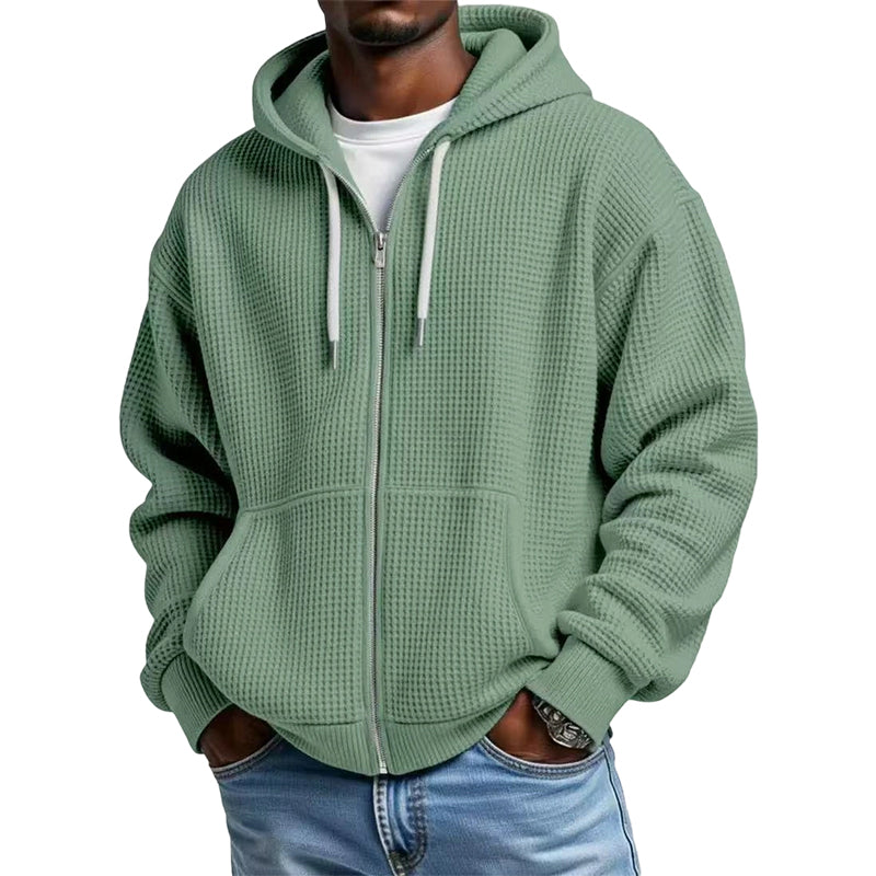 Sudadera con capucha de punto gofrado para hombre con cremallera completa: tejido gofrado a la moda, práctica cremallera completa y estilo casual. Perfecta para el día a día, el ocio y los días frescos.