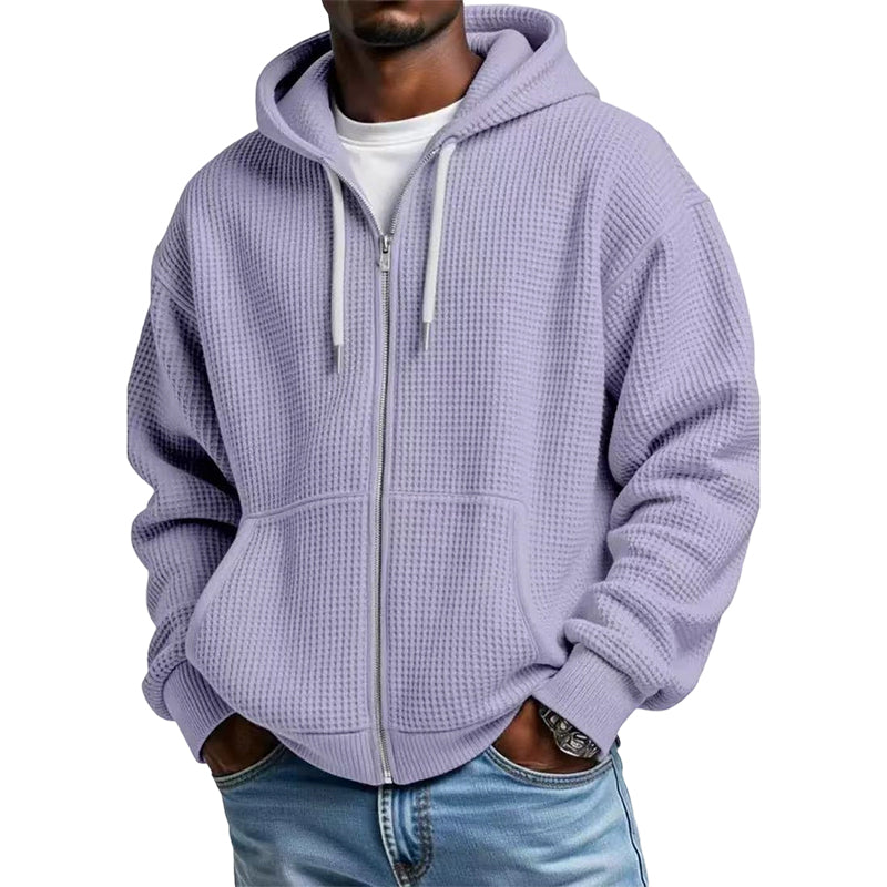 Sudadera con capucha de punto gofrado para hombre con cremallera completa: tejido gofrado a la moda, práctica cremallera completa y estilo casual. Perfecta para el día a día, el ocio y los días frescos.