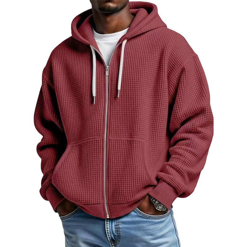 Sudadera con capucha de punto gofrado para hombre con cremallera completa: tejido gofrado a la moda, práctica cremallera completa y estilo casual. Perfecta para el día a día, el ocio y los días frescos.