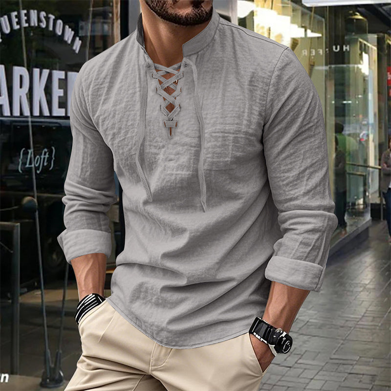Camisa vintage de manga larga con cuello en V para hombre – Aspecto de lino, estilo pirata, vikingo y gótico de la Edad Media