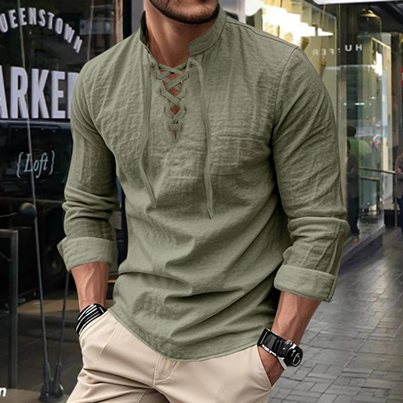 Camisa vintage de manga larga con cuello en V para hombre – Aspecto de lino, estilo pirata, vikingo y gótico de la Edad Media