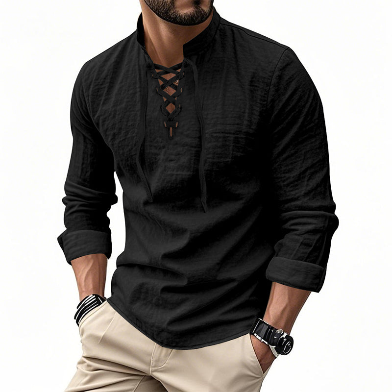 Camisa vintage de manga larga con cuello en V para hombre – Aspecto de lino, estilo pirata, vikingo y gótico de la Edad Media