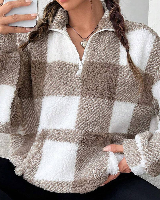 Sudadera con media cremallera, cuello alto y estampado a cuadros