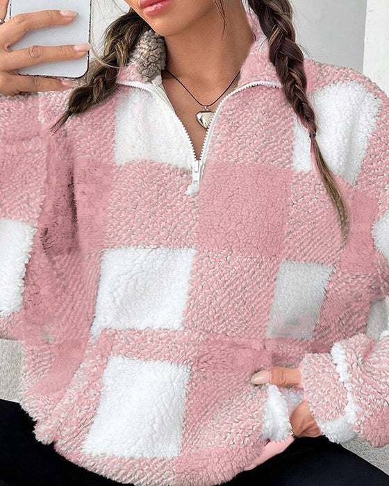 Sudadera con media cremallera, cuello alto y estampado a cuadros