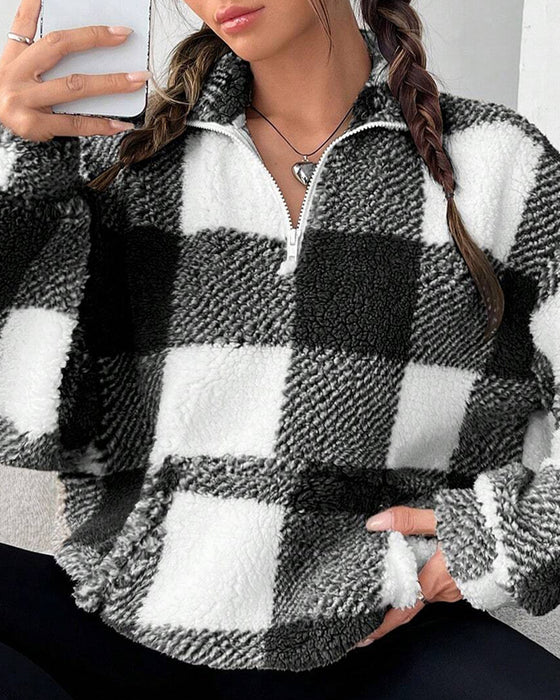 Sudadera con media cremallera, cuello alto y estampado a cuadros