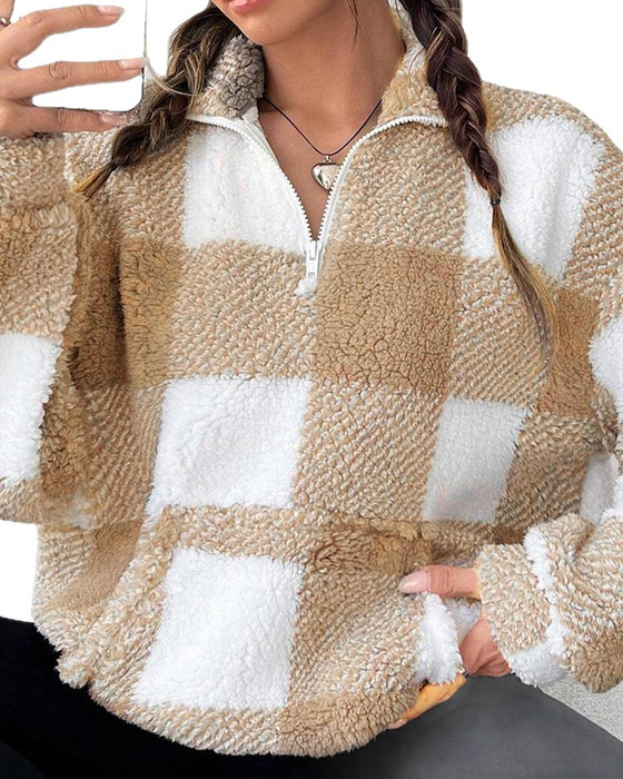Sudadera con media cremallera, cuello alto y estampado a cuadros