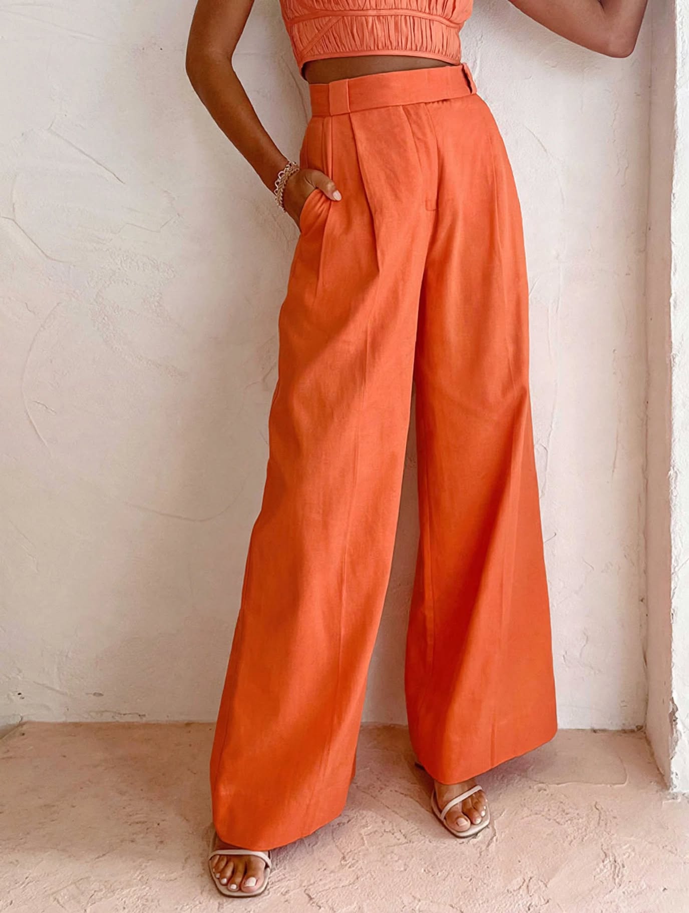 Pantalones de pierna ancha de lino y algodón con vitamina C de corte relajado