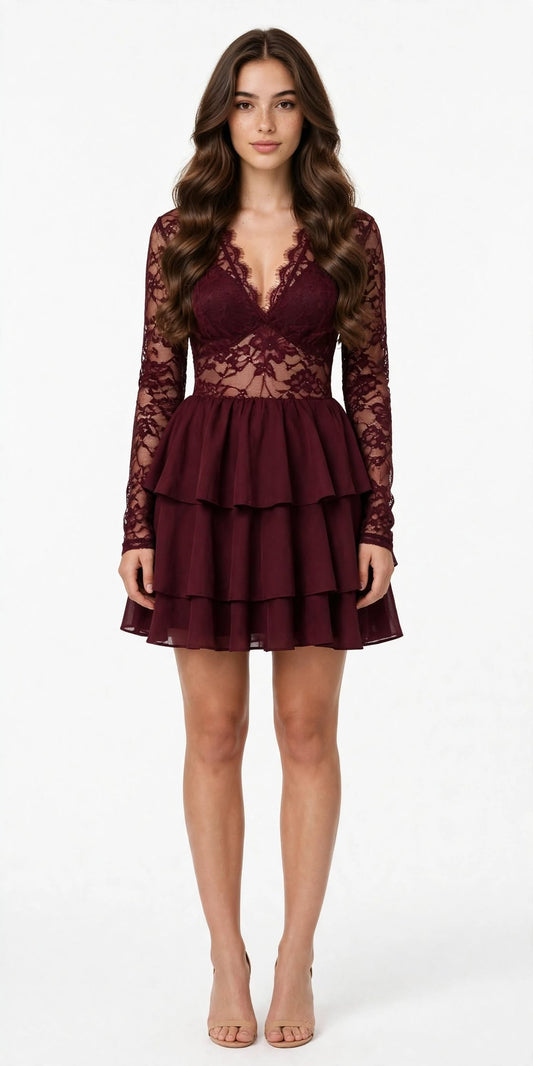 Vestido de encaje con escote en V y detalles fruncidos