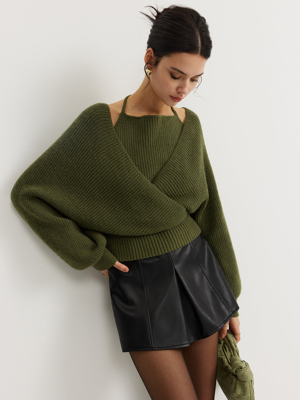 Top de punto halter con mangas murciélago 2 en 1