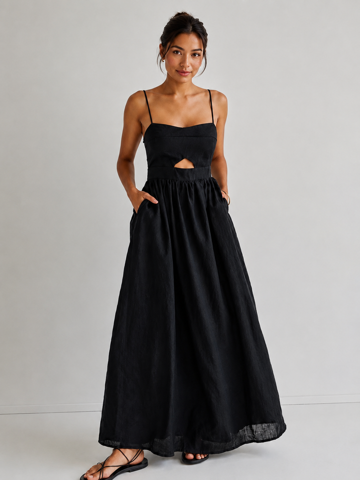 Vestido largo de algodón sin mangas con bolsillos y aberturas