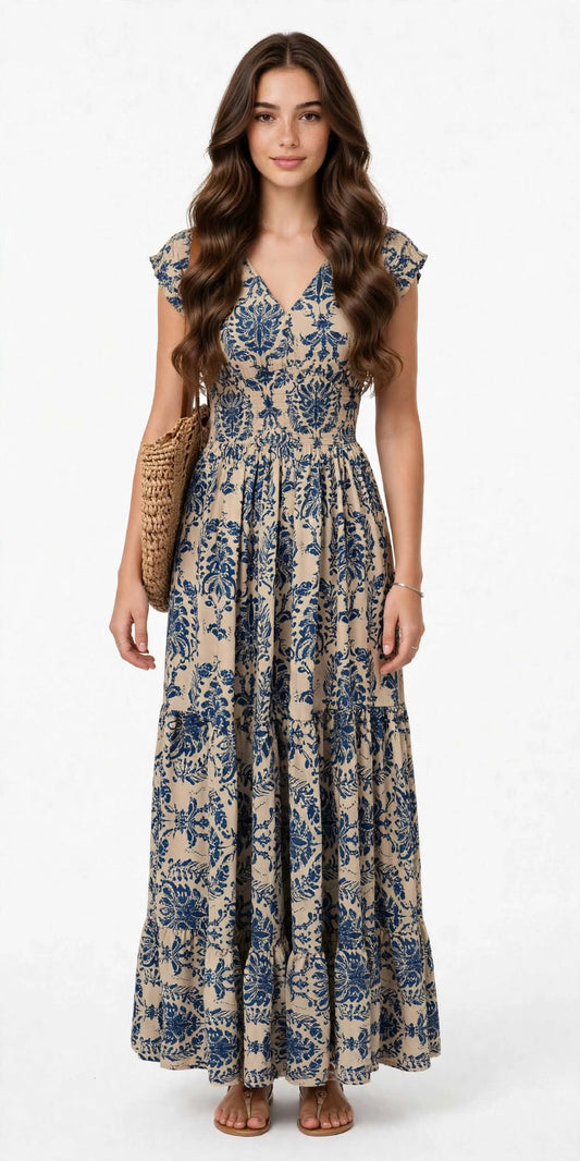 Vestido largo de mujer con escote en V, estampado floral y cintura fruncida.