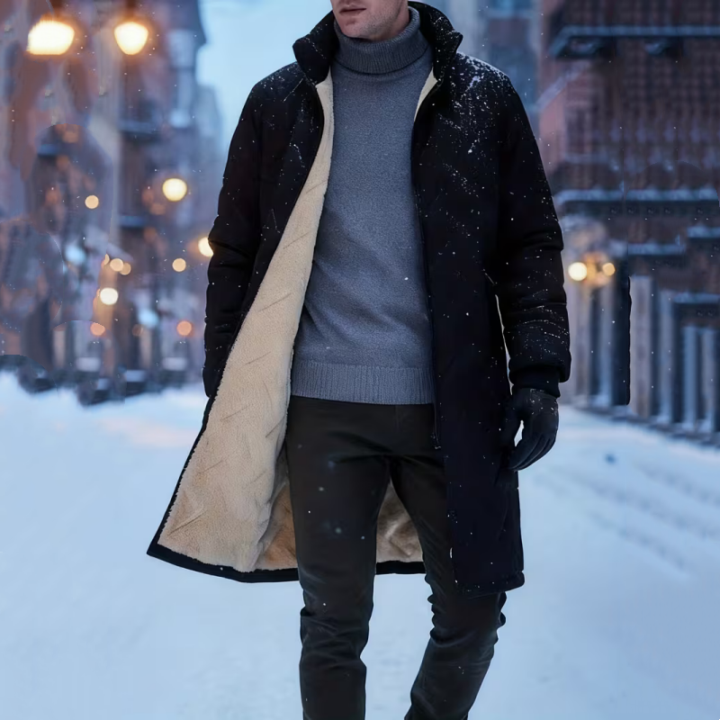 Abrigo de invierno de hombre de largo medio con forro de felpa.
