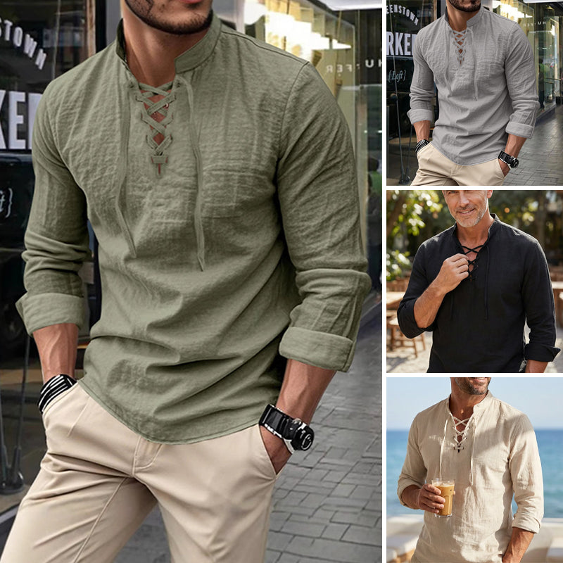 Camisa vintage de manga larga con cuello en V para hombre – Aspecto de lino, estilo pirata, vikingo y gótico de la Edad Media