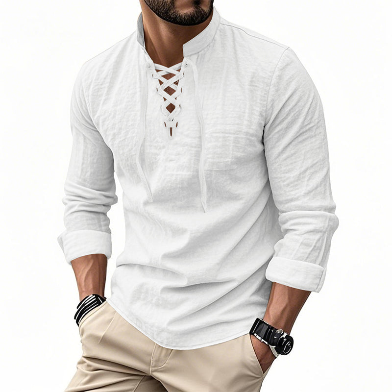 Camisa vintage de manga larga con cuello en V para hombre – Aspecto de lino, estilo pirata, vikingo y gótico de la Edad Media
