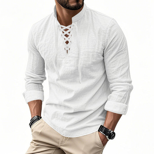 Camisa vintage de manga larga con cuello en V para hombre – Aspecto de lino, estilo pirata, vikingo y gótico de la Edad Media