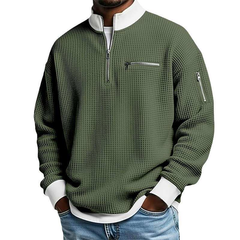 Suéter de punto gofrado para hombre con cremallera hasta el cuello.