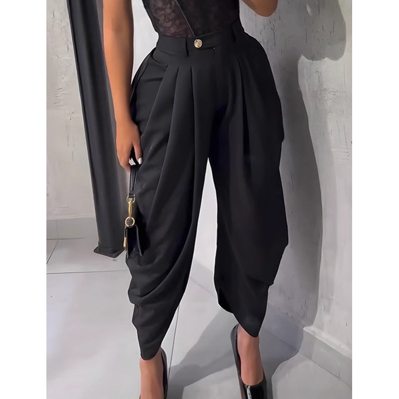 Pantalones casuales de mujer con cintura alta y pernera ancha