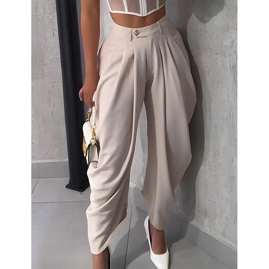 Pantalones casuales de mujer con cintura alta y pernera ancha