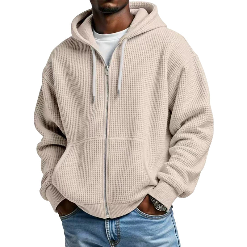 Sudadera con capucha de punto gofrado para hombre con cremallera completa: tejido gofrado a la moda, práctica cremallera completa y estilo casual. Perfecta para el día a día, el ocio y los días frescos.